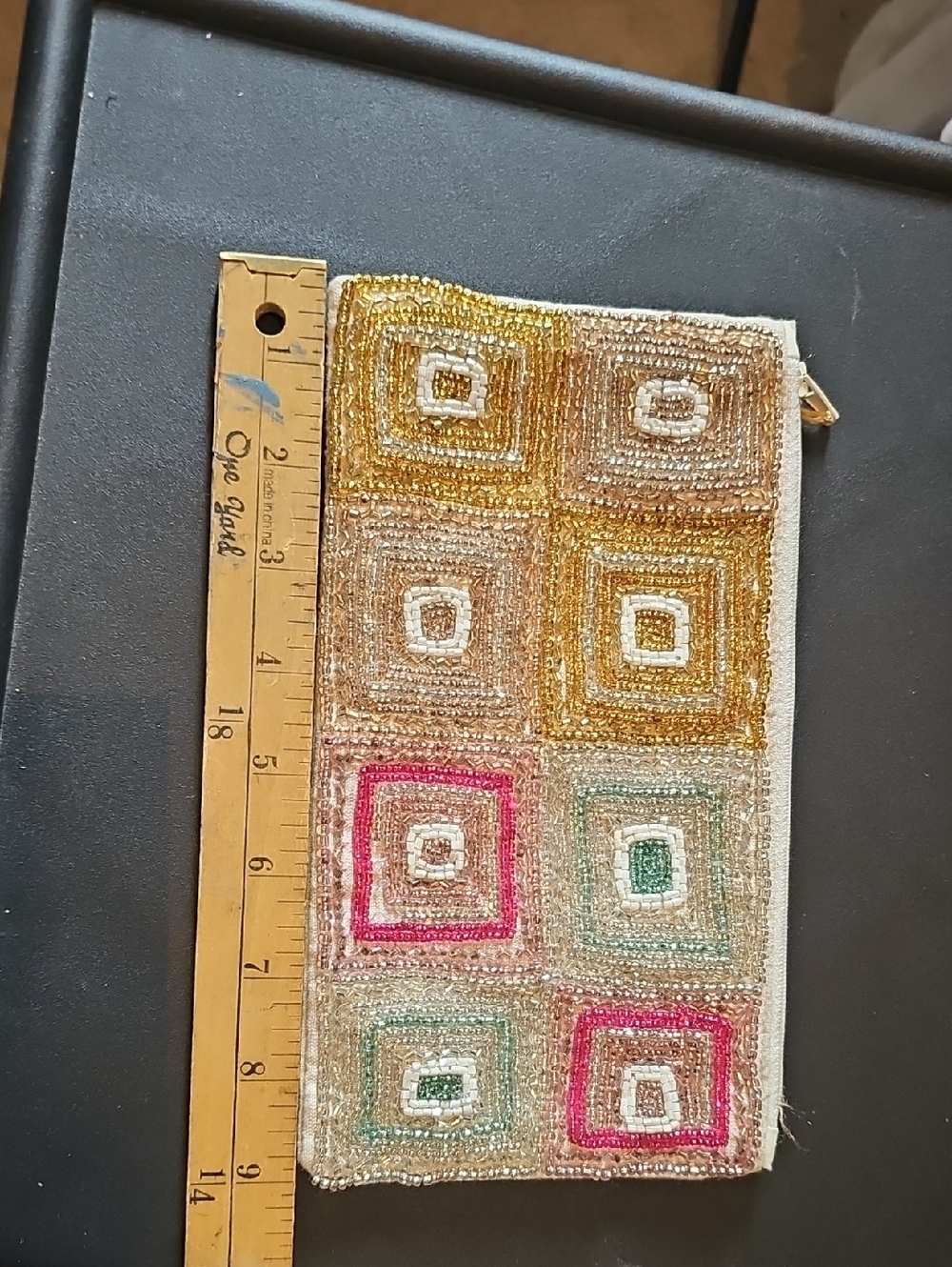 Embellished Beaded Square Pattern Clutch - Gold, Pink, Green